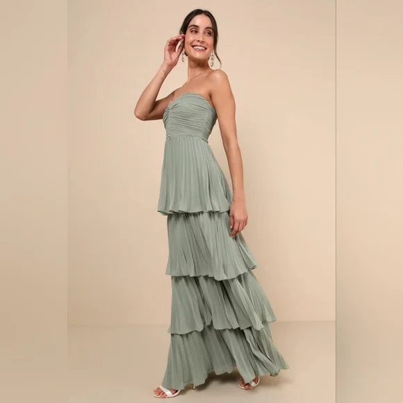 Lulus Seriously Sensational Sage Brush Strapless Tiered Maxi Dress Wedding Prom - Picture 4 of 8